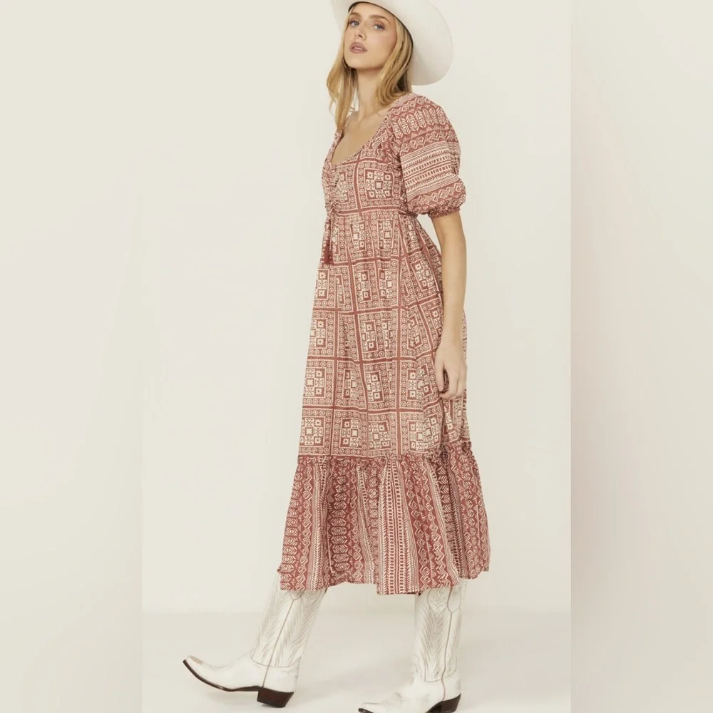 CLEOBELLA Joely Midi Dress Organic Cotton Southwestern Boho Print Rust Copper M - Picture 2 of 13